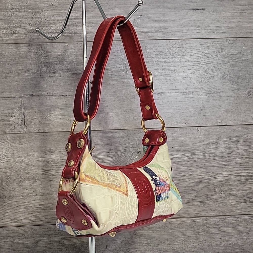Marino Orlandi Italian Small Stylish Red and Cream Leather Shoulder Bag - Picture 4 of 16